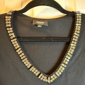 Rhinestone Embellished Premise Black V Neck Elevated Staple Work to Date Night
